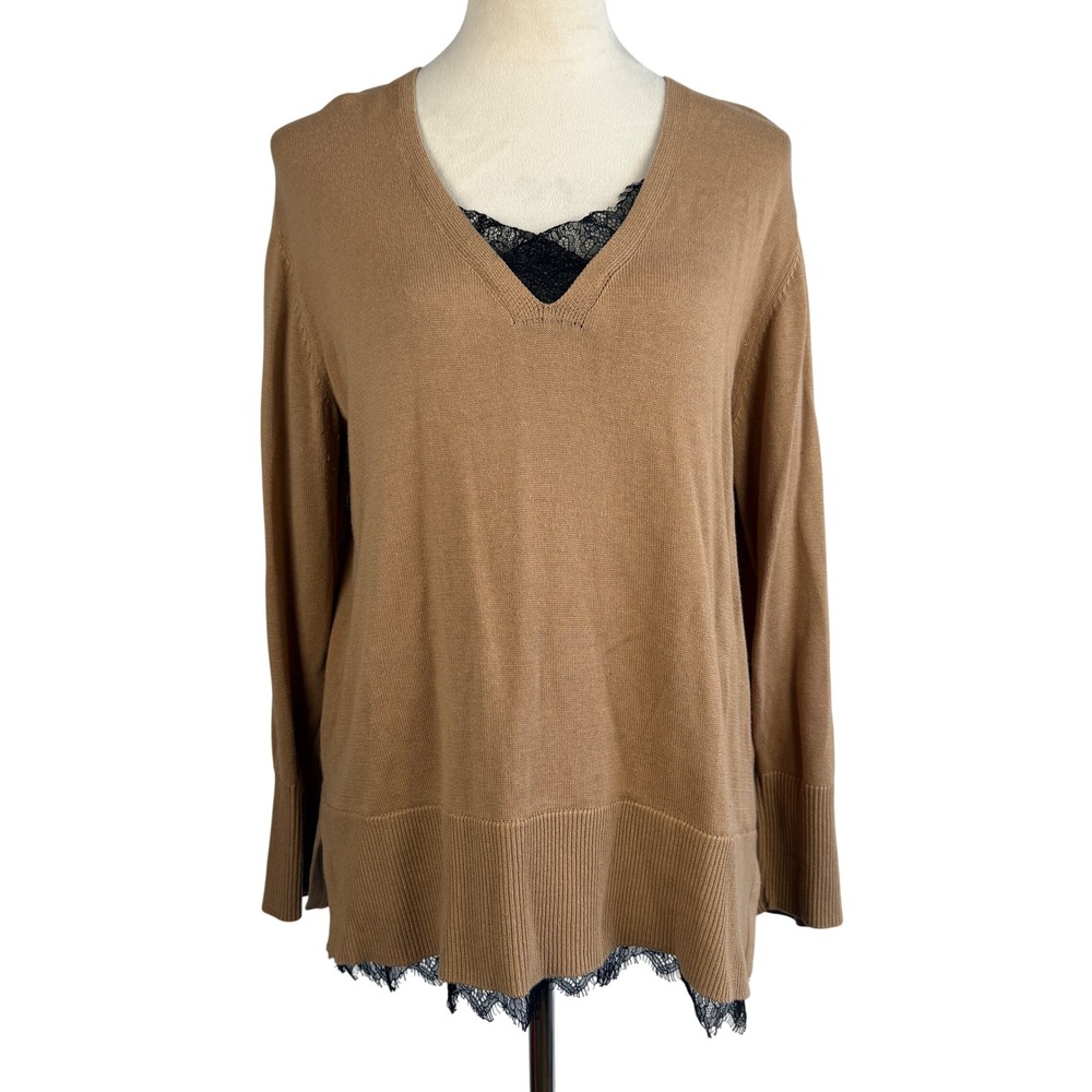 Camel V Neck‎ Lace Trim Sweater Women's Size Medium Casual Fall Feminine